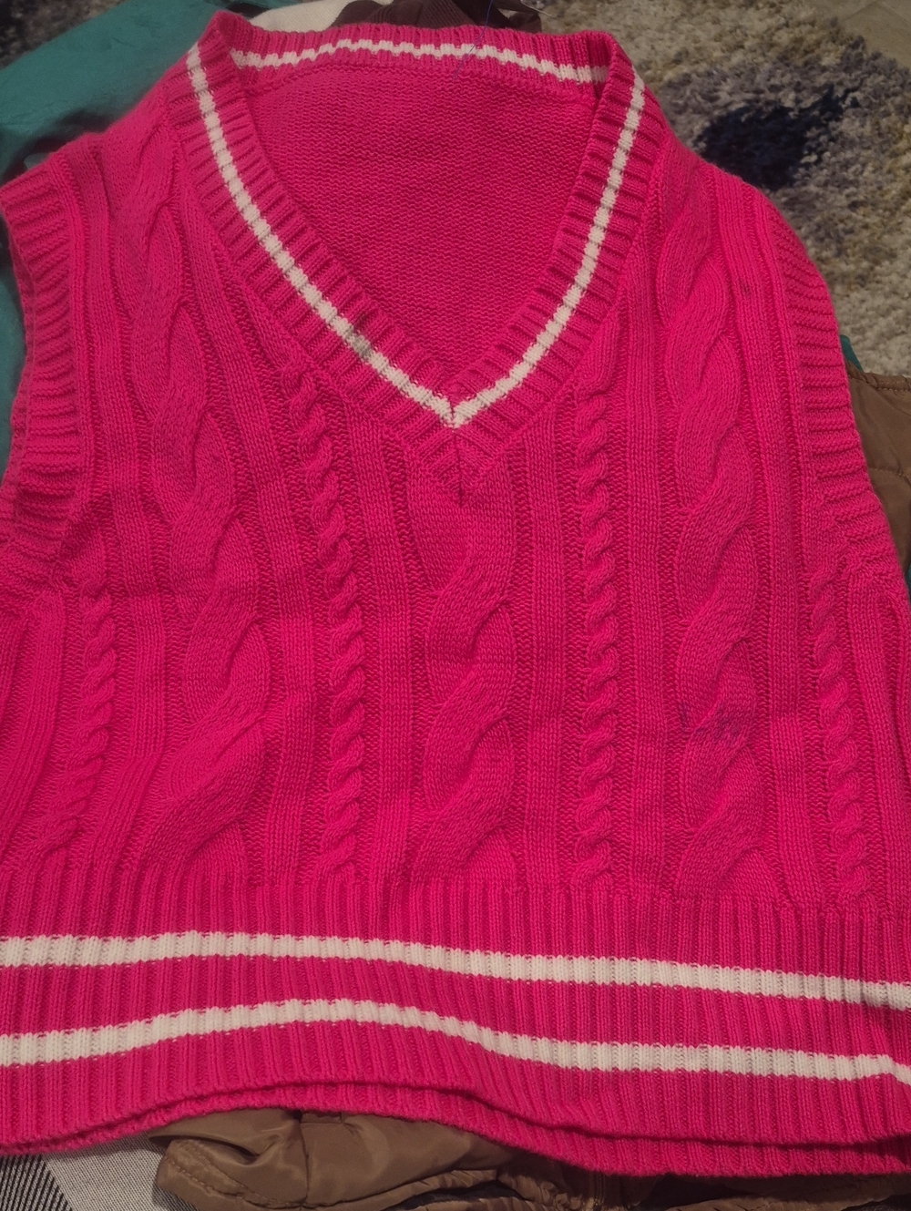 SHEIN Hot Pink Cable Knit V-Neck Sweater Vest with White Stripes